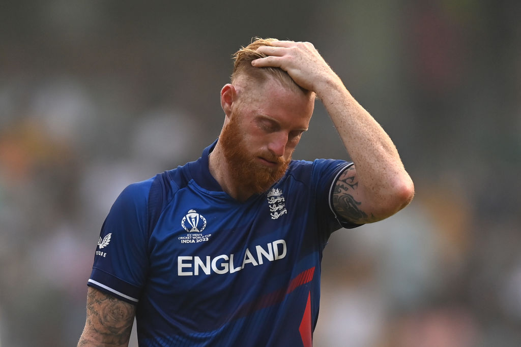 MUMBAI, INDIA - OCTOBER 21: Ben Stokes of England reacts during the ICC Men's Cricket World Cup India 2023 match between England and South Africa at Wankhede Stadium on October 21, 2023 in Mumbai, India. (Photo by Gareth Copley/Getty Images)