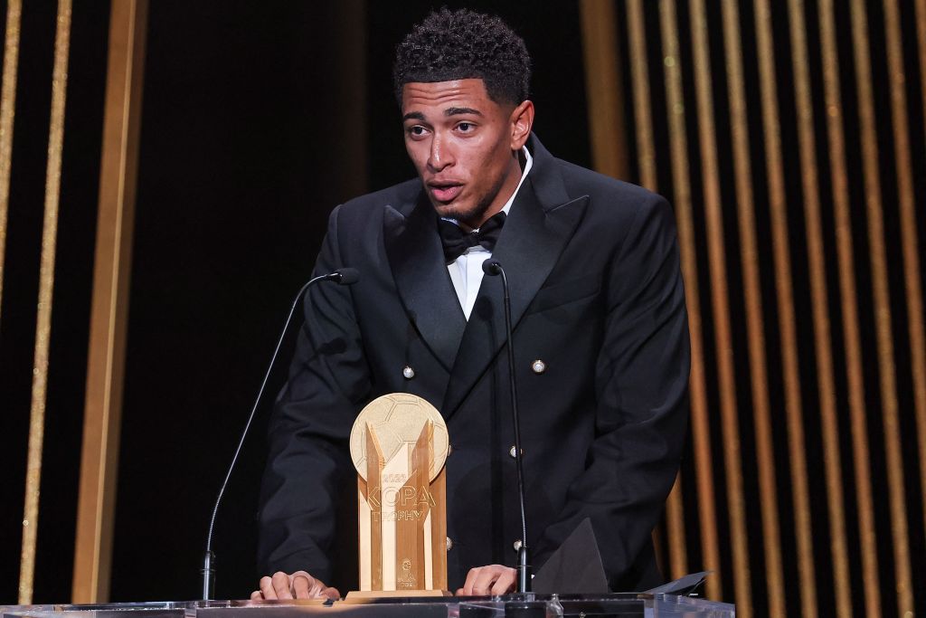 Real Madrid's English midfielder Jude Bellingham speaks on stage as he receives the Kopa Trophy for best under-21 player during the 2023 Ballon d'Or France Football award ceremony at the Theatre du Chatelet in Paris on October 30, 2023. (Photo by FRANCK FIFE / AFP) (Photo by FRANCK FIFE/AFP via Getty Images)