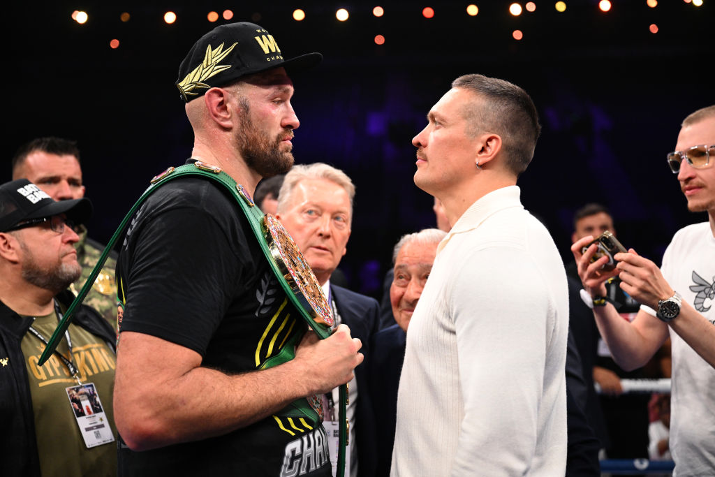 RIYADH, SAUDI ARABIA - OCTOBER 28: Tyson Fury and Oleksandr Usyk face off after the Heavyweight fight between Tyson Fury and Francis Ngannou at Boulevard Hall on October 28, 2023 in Riyadh, Saudi Arabia. (Photo by Justin Setterfield/Getty Images)