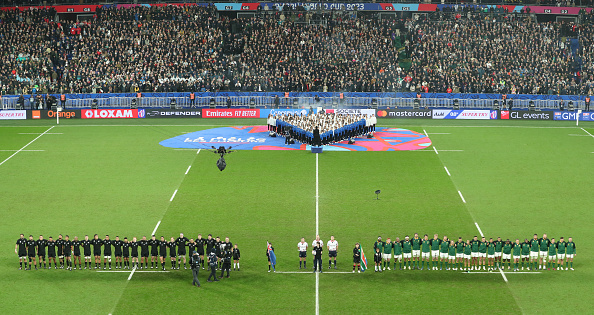 PARIS, FRANCE - OCTOBER 28:  Players line up for national anthems before the Rugby World Cup France 2023 Gold Final match between New Zealand and South Africa at Stade de France on October 28, 2023 in Paris, France. (Photo by Henry Browne - World Rugby/World Rugby via Getty Images) *** Local Caption ***