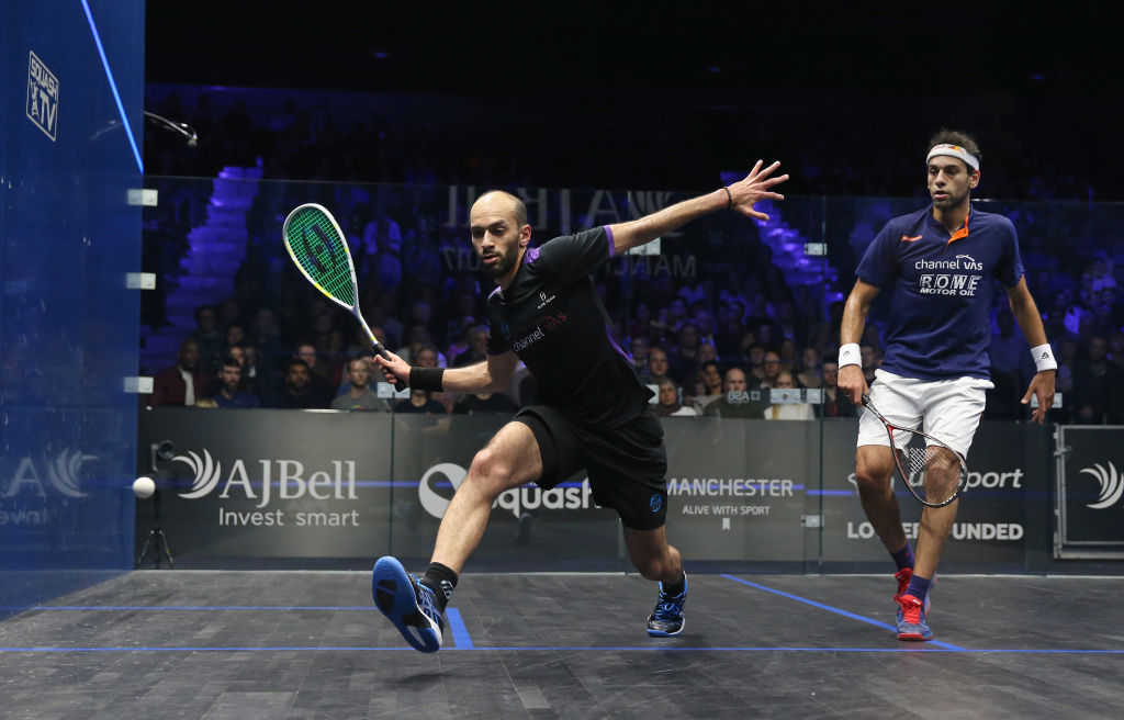 MANCHESTER, ENGLAND - DECEMBER 17:  Marwan ElShorbagy of Egypt plays a forehand shot against Mohamed ElShorbagy of Egypt during the Men's Final of the AJ Bell PSA World Squash Championships at the Manchester Central Convention Complex on December 17, 2017 in Manchester, England.  (Photo by Alex Livesey/Getty Images)