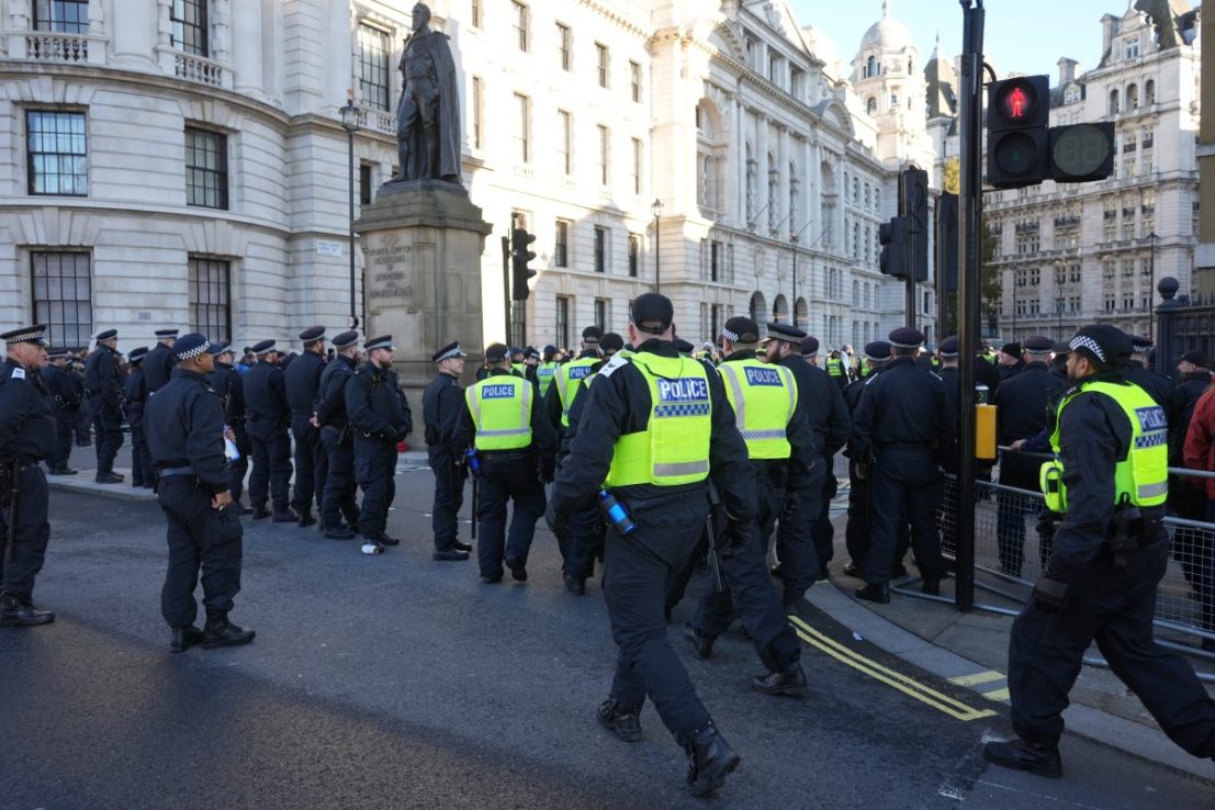 Police officers take their positions by the Cenotaph in Whitehall, central London, ahead of a pro-Palestinian protest march which is taking place from Hyde Park to the US embassy in Vauxhall. Jeff Moore/PA Wire