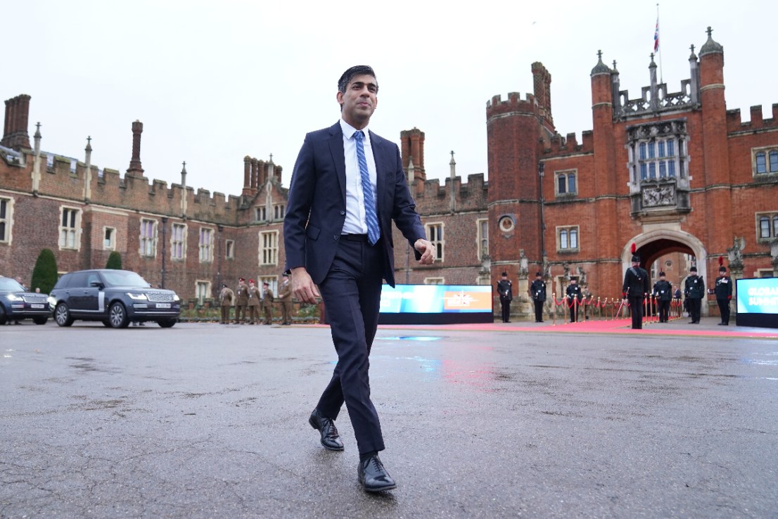 Prime Minister Rishi Sunak arriving at the Global Investment Summit at Hampton Court Palace, in East Molesey, Surrey.   (Photo credit: Stefan Rousseau/PA Wire)