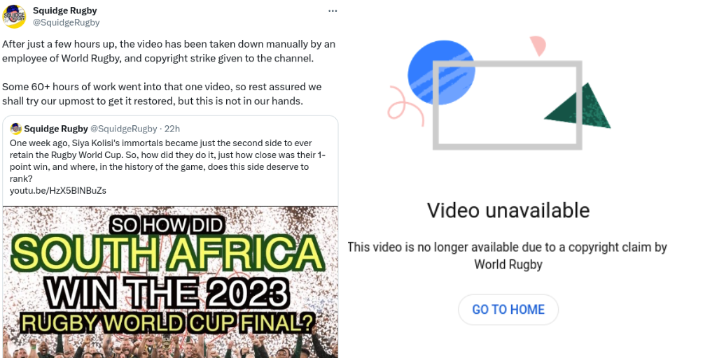 The man behind one of rugby’s biggest fan video content producers, Squidge Rugby, has hit out at World Rugby after his satirical take on the World Cup final became the latest bit of content relating to the tournament to be struck down by copyright claims.