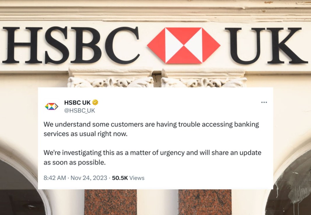 The HSBC logo is seen on signage outside a branch of the high-street bank on November 30, 2022 in London, England. And today's post about an outage of services. (Photo by Leon Neal/Getty Images)
