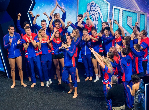 Team Energy Standard celebrates after winning the International Swimming League (ISL) Championship Finale on overall points at the Mandalay Bay Hotel in Las Vegas, Nevada on December 21, 2019. - The ISL Championship Grand Final match pits the top four ISL clubs worldwide against one another where the first-ever ISL champions will be crowned. (Photo by Mark RALSTON / AFP) (Photo by MARK RALSTON/AFP via Getty Images)