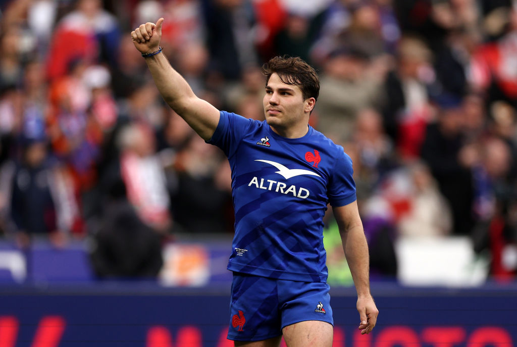 PARIS, FRANCE - MARCH 18: Antoine Dupont of France acknowledges the fans after the Six Nations Rugby match between France and Wales at Stade de France on March 18, 2023 in Paris, France. (Photo by Richard Heathcote/Getty Images)