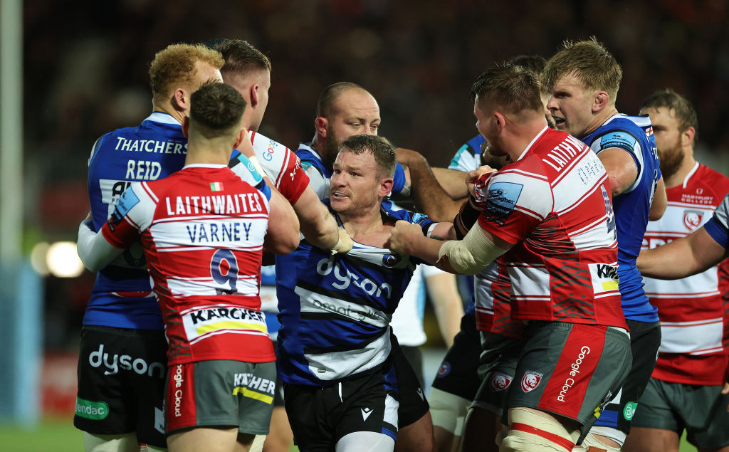 GLOUCESTER, ENGLAND - APRIL 14:   Chris Cloete of Bath is involved in a brawl during the Gallagher Premiership Rugby match between Gloucester Rugby and Bath Rugby at Kingsholm Stadium on April 14, 2023 in Gloucester, England. (Photo by David Rogers/Getty Images)