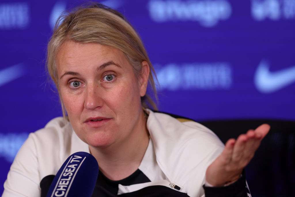 COBHAM, ENGLAND - OCTOBER 06: Head Coach, Emma Hayes of Chelsea talks to the media during the Chelsea Womens Press Conference at Chelsea Training Ground on October 06, 2023 in Cobham, England. (Photo by Chris Lee - Chelsea FC/Chelsea FC via Getty Images)