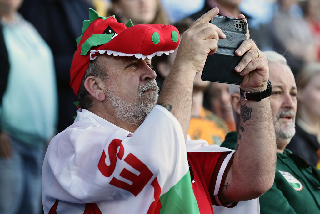 AUCKLAND, NEW ZEALAND - NOVEMBER 03: A welsh supporter during the WXV1 match between Australia Wallaroos and Wales at Go Media Stadium Mt Smart on November 03, 2023 in Auckland, New Zealand. (Photo by Dave Rowland/Getty Images)