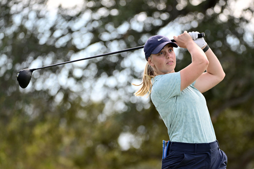 BELLEAIR, FLORIDA - NOVEMBER 09: Maja Stark of Swedenplays her shot from the seventh tee during the first round of The ANNIKA driven by Gainbridge at Pelican at Pelican Golf Club on November 09, 2023 in Belleair, Florida. (Photo by Julio Aguilar/Getty Images)