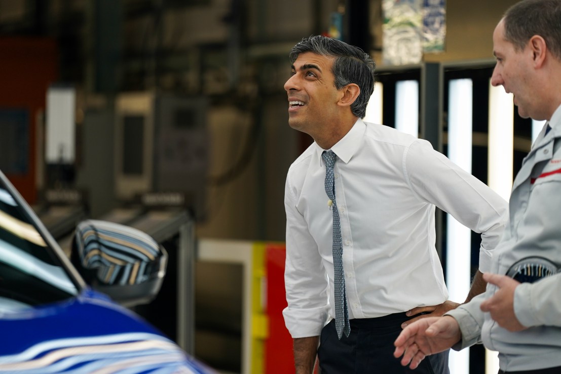 Prime Minister Rishi Sunak tours the car manufacturer Nissan on November 24, 2023 in Sunderland, England. (Photo by Ian Forsyth/Getty Images)
