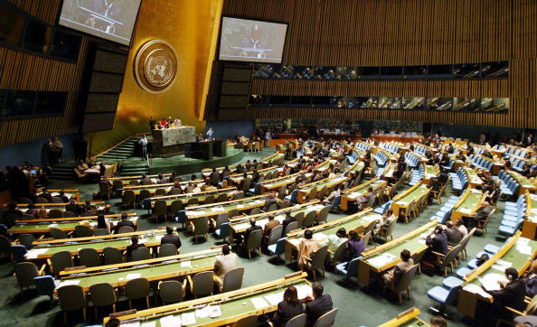 NEW YORK - SEPTEMBER 22:  Members of the United Nations General Assembly hold a meeting on HIV/AIDS at UN headquarters September 22, 2003 in New York City. According to a report by UNAIDS, goals set at the Millennium Summit were not met by most countries. Among the goals were to have 3 million HIV-positive people treated with AIDS drugs by 2005 and stopping and reversing the disease by 2015. U.S. President George W. Bush is scheduled to address the General Assembly tomorrow.  (Photo by Mario Tama/Getty Images)