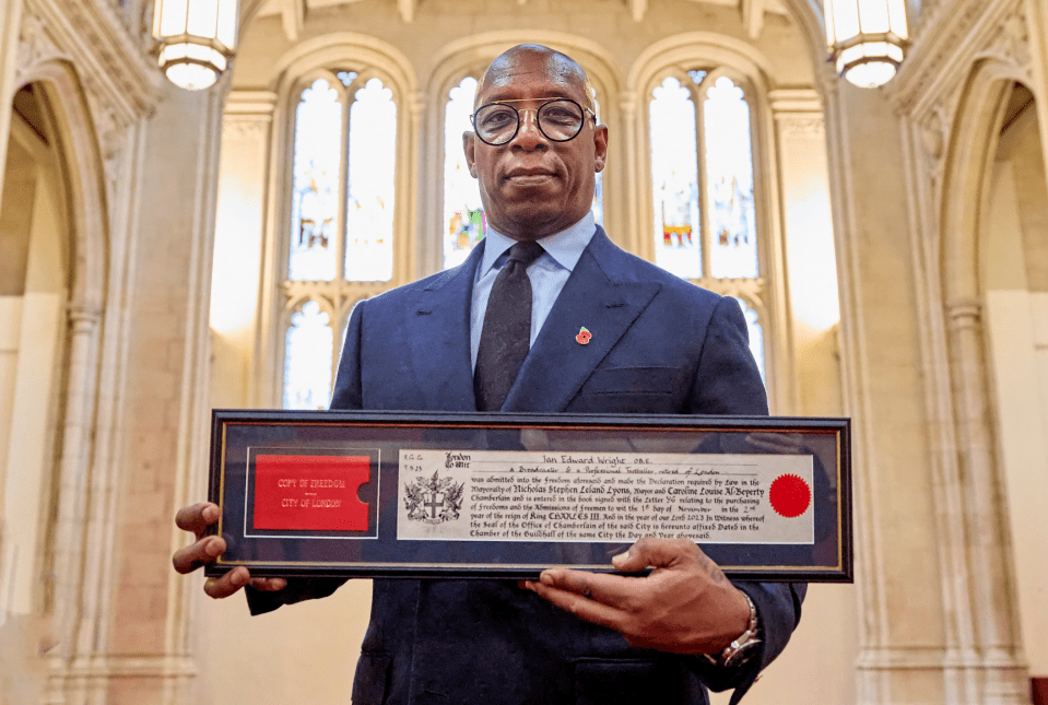 Arsenal legend Ian Wright has today been handed the Freedom of the City of London in a ceremony at the capital's Guildhall.