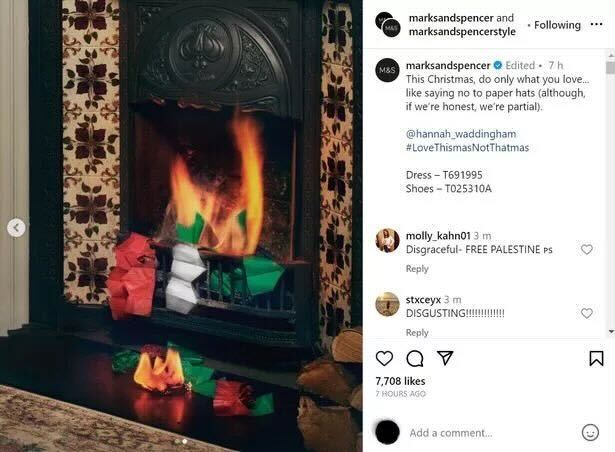 Marks and Spencer's Christmas outtake with hats on a fireplace, and comments in anger. The chain has since removed it and apologised. 