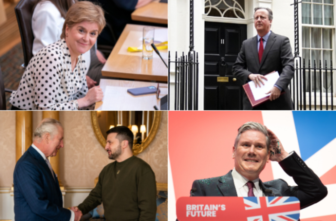 Clockwise from top left: Nicola Sturgeon, David Cameron, Keir Starmer and King Charles with President Zelensky. Photos: PA