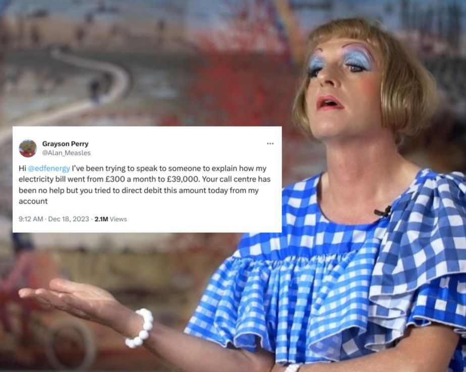 Sir Grayson Perry in full flow, and his tweet sent this morning. (Wikipedia/Source	Vimeo: 236880607 (view archived source)
Author	Arnolfini/CC BY 3.0 DEED)