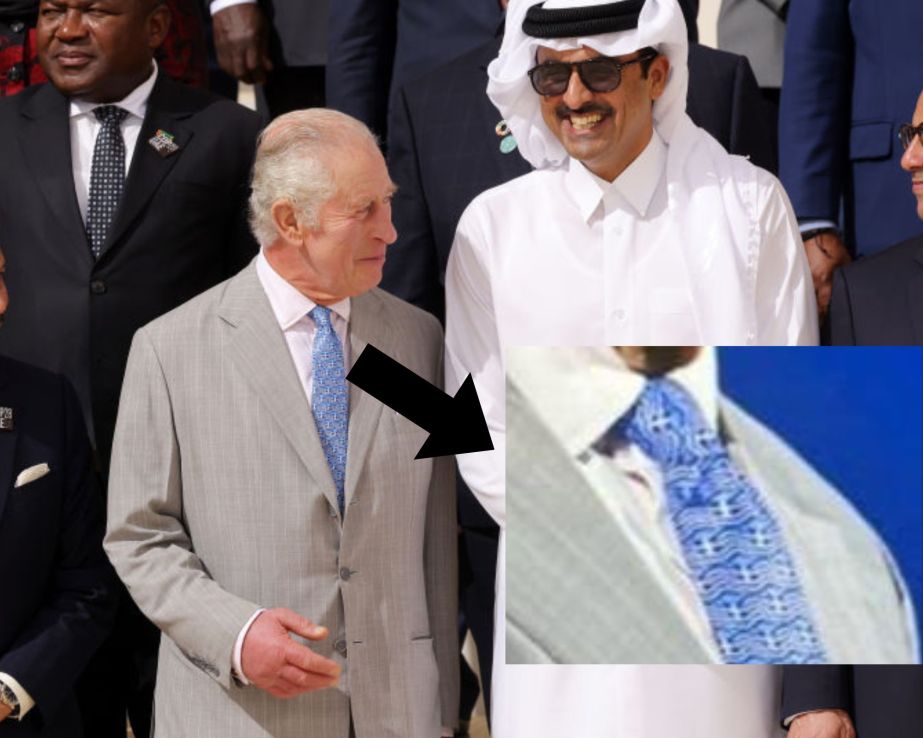 King Charles III and Qatari Emir Sheikh Tamim bin Hamad Al Thani  at COP28. Inset, a close up of the King's Greek flag tie. (Photo by Sean Gallup/Getty Images)