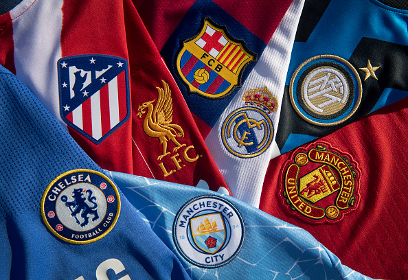 MANCHESTER, ENGLAND - APRIL 22: The club badges of some of the teams involved in the European Super League; Liverpool, Barcelona, Real Madrid, Inter Milan, Chelsea, Atletico Madrid, Manchester City and Manchester United on their first team home shirts on April 22, 2021 in Manchester, United Kingdom. (Photo by Visionhaus/Getty Images)