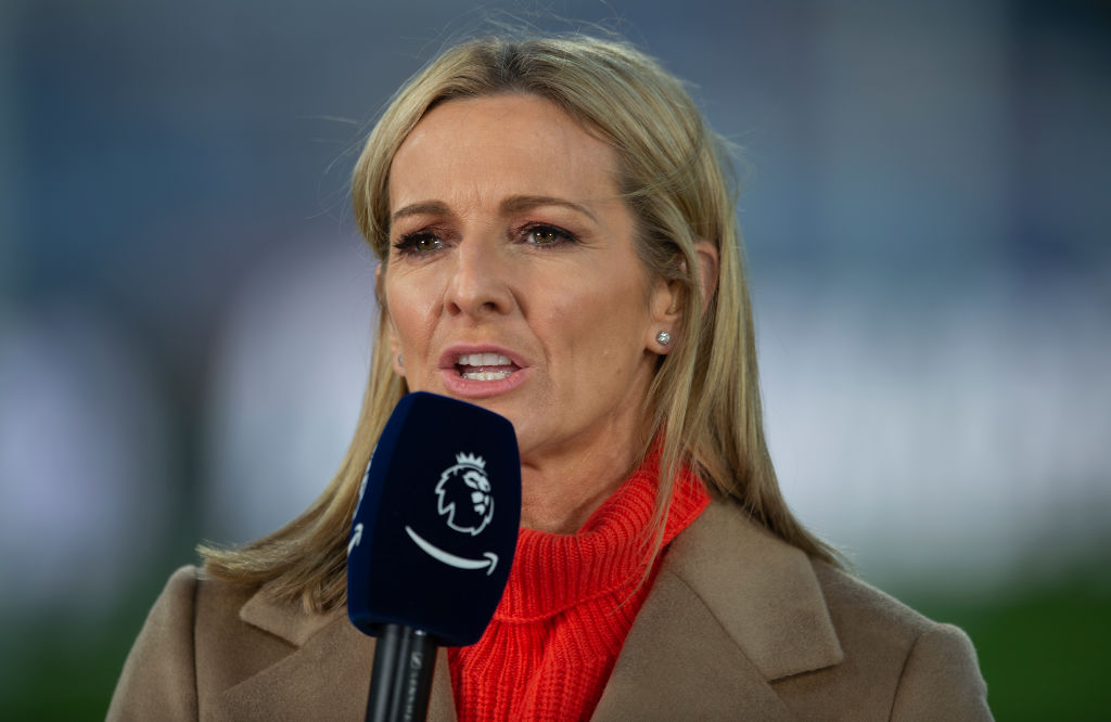 LONDON, ENGLAND - OCTOBER 18: Gabby Logan is seen presenting Amazon Prime's coverage of the Premier League match between Crystal Palace and Wolverhampton Wanderers at Selhurst Park on October 18, 2022 in London, England. (Photo by Visionhaus/Getty Images)