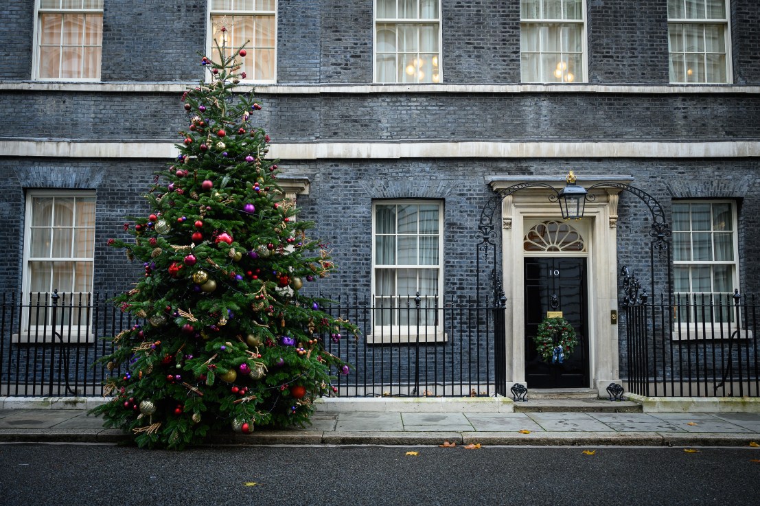 A general view of the Christmas tree outside number 10 at Downing Street. (Photo by Leon Neal/Getty Images)