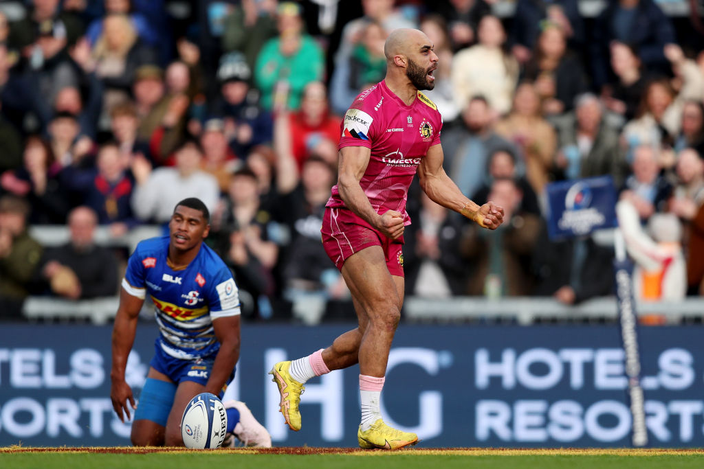 EXETER, ENGLAND - APRIL 08: Olly Woodburn of Exeter Chiefs celebrates scoring the team's third try during the Heineken Champions Cup Quarter Finals match between Exeter Chiefs and DHL Stormers at Sandy Park on April 08, 2023 in Exeter, England. (Photo by Ryan Hiscott/Getty Images)