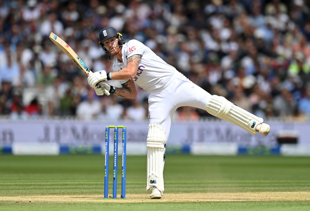 LONDON, ENGLAND - JULY 02: England captain Ben Stokes hits out for six runs during Day Five of the LV= Insurance Ashes 2nd Test match between England and Australia at Lord's Cricket Ground on July 02, 2023 in London, England. (Photo by Gareth Copley/Getty Images)