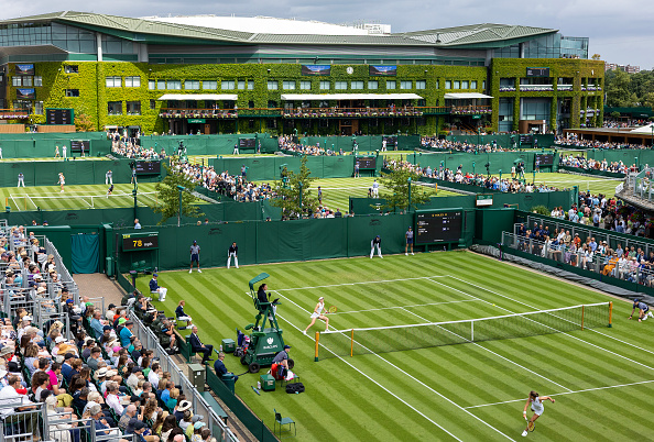 LONDON, ENGLAND - JULY 3.   A general view of Harriet Dart of Great Britain in action against Diane Parry of France in the Ladies' Singles first round match on Court Twelve during the Wimbledon Lawn Tennis Championships at the All England Lawn Tennis and Croquet Club at Wimbledon on July 03, 2023, in London, England. (Photo by Tim Clayton/Corbis via Getty Images)