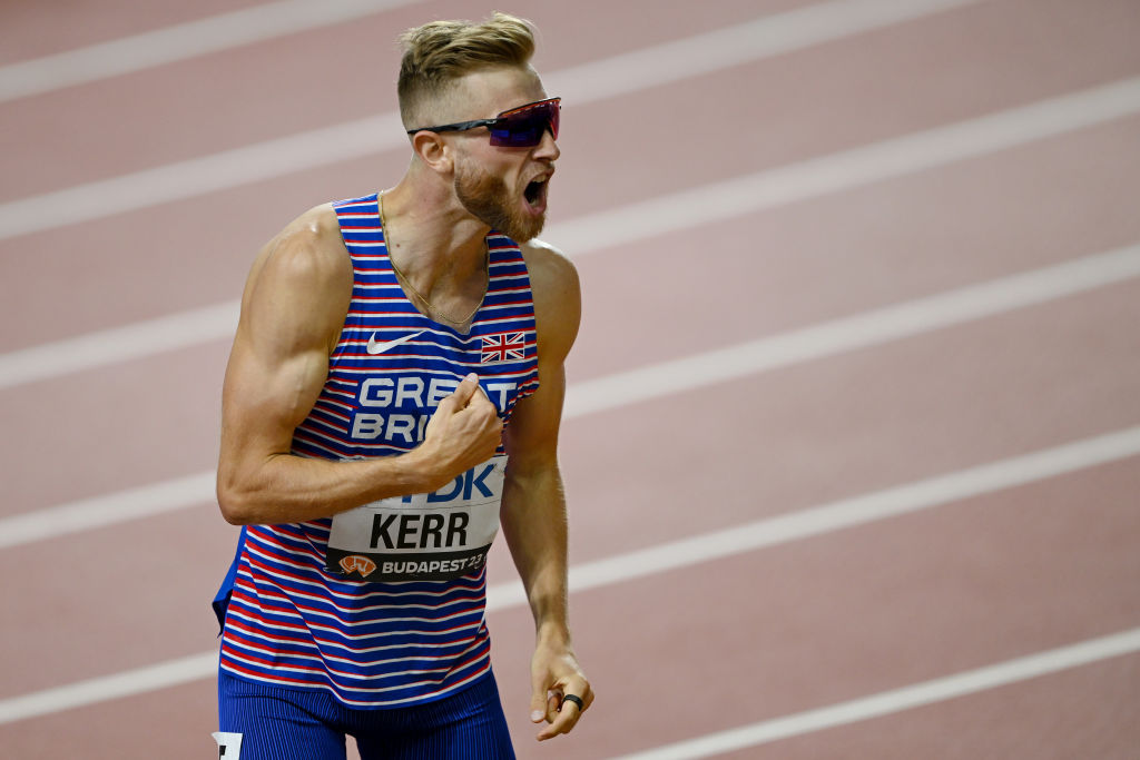 BUDAPEST, HUNGARY - AUGUST 23: Josh Kerr of Team Great Britain celebrates winning gold in the Men's 1500m Final during day five of the World Athletics Championships Budapest 2023 at National Athletics Centre on August 23, 2023 in Budapest, Hungary. (Photo by Shaun Botterill/Getty Images)