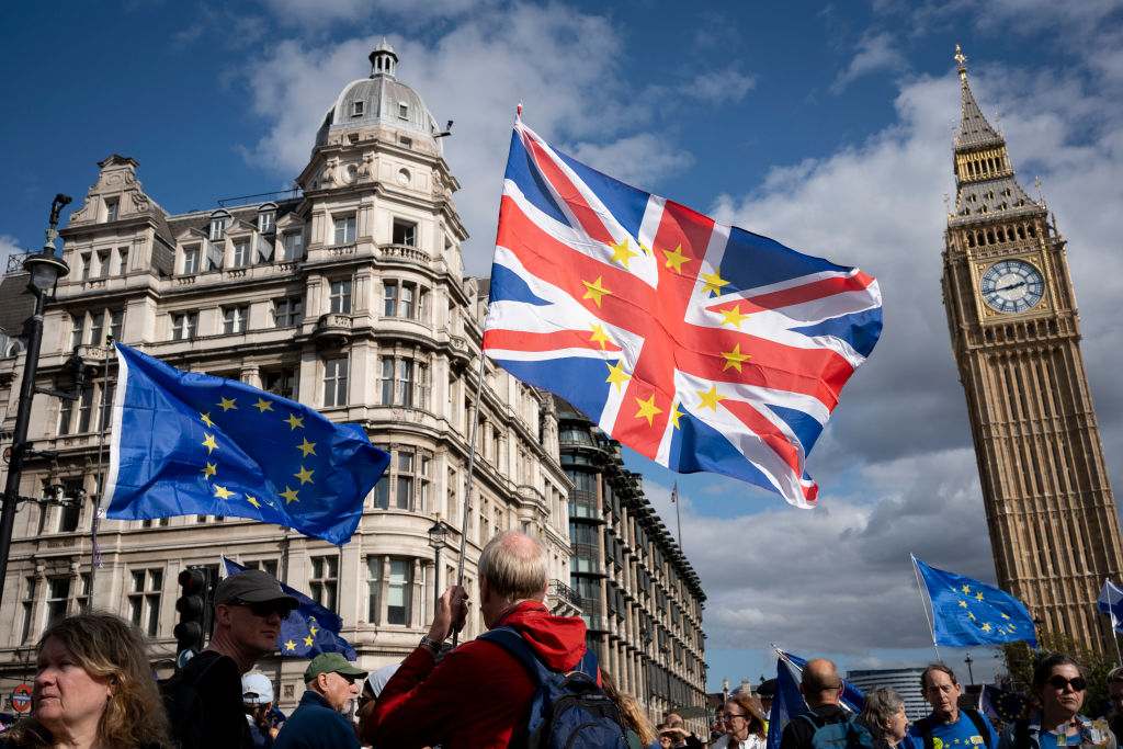 Pro-EU supporters, protest outside parliament against Brexit during their national march to rejoin the European Union, on 23rd September 2023, in London, England. (Photo by Richard Baker / In Pictures via Getty Images)