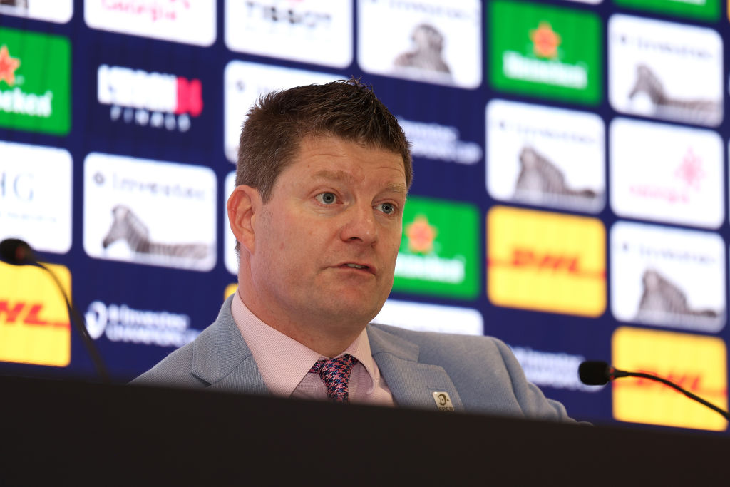 LONDON, ENGLAND - NOVEMBER 22: Dominic McKay, EPCR Chairmann speaks to the media  during the EPCR 2023/2024 Season Launch at Tottenham Hotspur Stadium on November 22, 2023 in London, England. (Photo by Richard Heathcote/Getty Images)