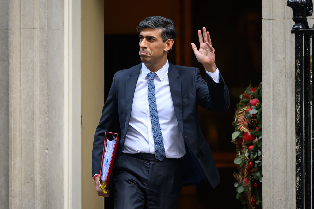 Rishi Sunak departs from number 10, Downing Street ahead of the weekly PMQs session. (Photo by Leon Neal/Getty Images)