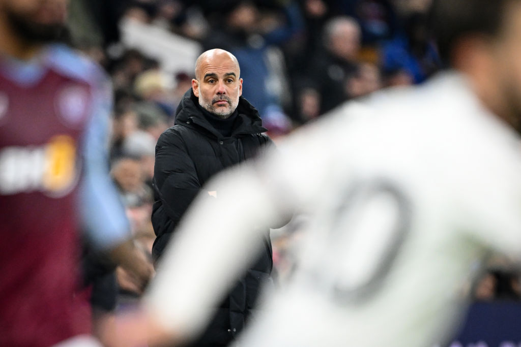 BIRMINGHAM, ENGLAND - DECEMBER 06: Pep Guardiola, manager of Manchester City looks on during the Premier League match between Aston Villa and Manchester City at Villa Park on December 06, 2023 in Birmingham, England. (Photo by Michael Regan/Getty Images)