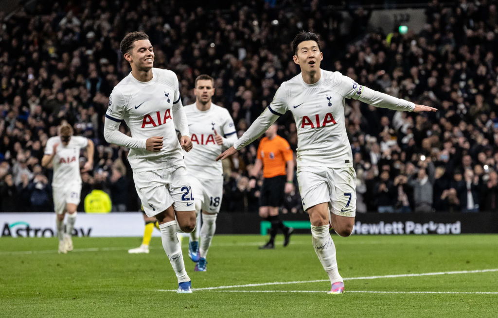 LONDON, ENGLAND - DECEMBER 10: Tottenham Hotspur's Son Heung-Min (right) celebrates scoring his side's fourth goal from the penalty spot during the Premier League match between Tottenham Hotspur and Newcastle United at Tottenham Hotspur Stadium on December 10, 2023 in London, England. (Photo by Andrew Kearns - CameraSport via Getty Images)