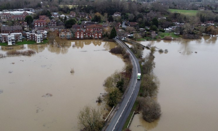 A view of flooding around the River Arun in Pulborough, West Sussex.