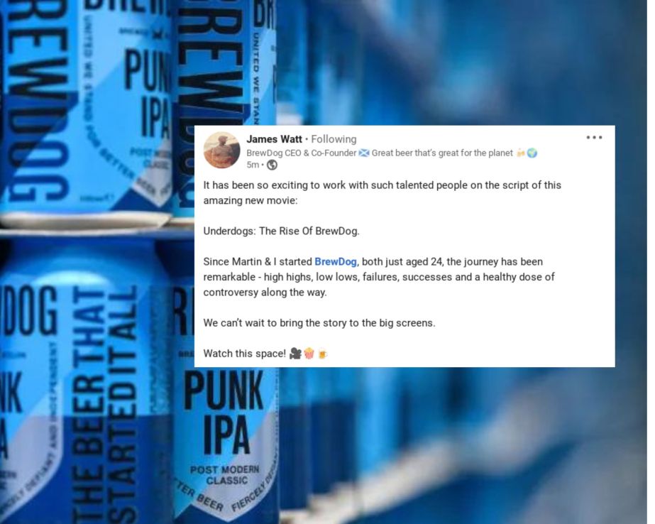 Stacks of BrewDog beer cans at their brewery, with a screenshot of James Watt's LinkedIn post  inset.   (Photo by Jeff J Mitchell/Getty Images)