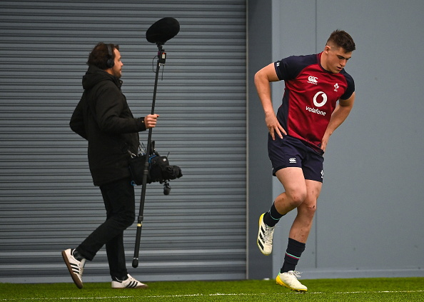 Dublin , Ireland - 7 February 2023; Dan Sheehan and a Netflix soundman during an Ireland rugby squad training session in the IRFU High Performance Centre at the Sport Ireland Campus in Dublin. (Photo By David Fitzgerald/Sportsfile via Getty Images)