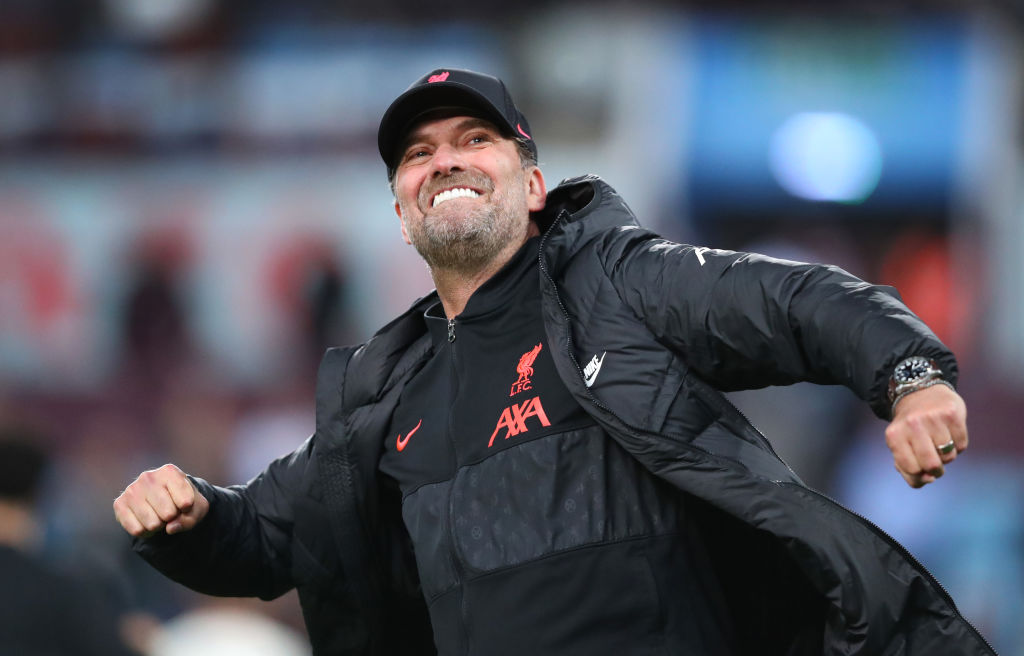 BIRMINGHAM, ENGLAND - MAY 10: Jurgen Klopp the manager of Liverpool celebrates towards their fans after the Premier League match between Aston Villa and Liverpool at Villa Park on May 10, 2022 in Birmingham, England. (Photo by Alex Livesey - Danehouse/Getty Images)