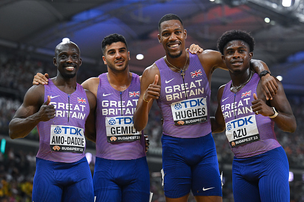 BUDAPEST, HUNGARY - AUGUST 26: Eugene Amo-Dadzie, Adam Gemili, Zharnel Hughes, and Jeremiah Azu of  Team Great Britain  pose for a photo after the Men's 4x100m Relay Final during day eight of the World Athletics Championships Budapest 2023 at National Athletics Centre on August 26, 2023 in Budapest, Hungary. (Photo by Shaun Botterill/Getty Images)