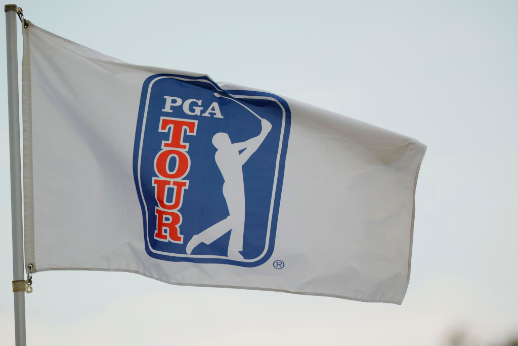 COLLEGE GROVE, TENNESSEE - SEPTEMBER 17: A PGA Tour flag near the putting green during the final round of the Simmons Bank Open for the Snedeker Foundation at The Grove on September 17, 2023 in College Grove, Tennessee. (Photo by Alex Slitz/Getty Images)