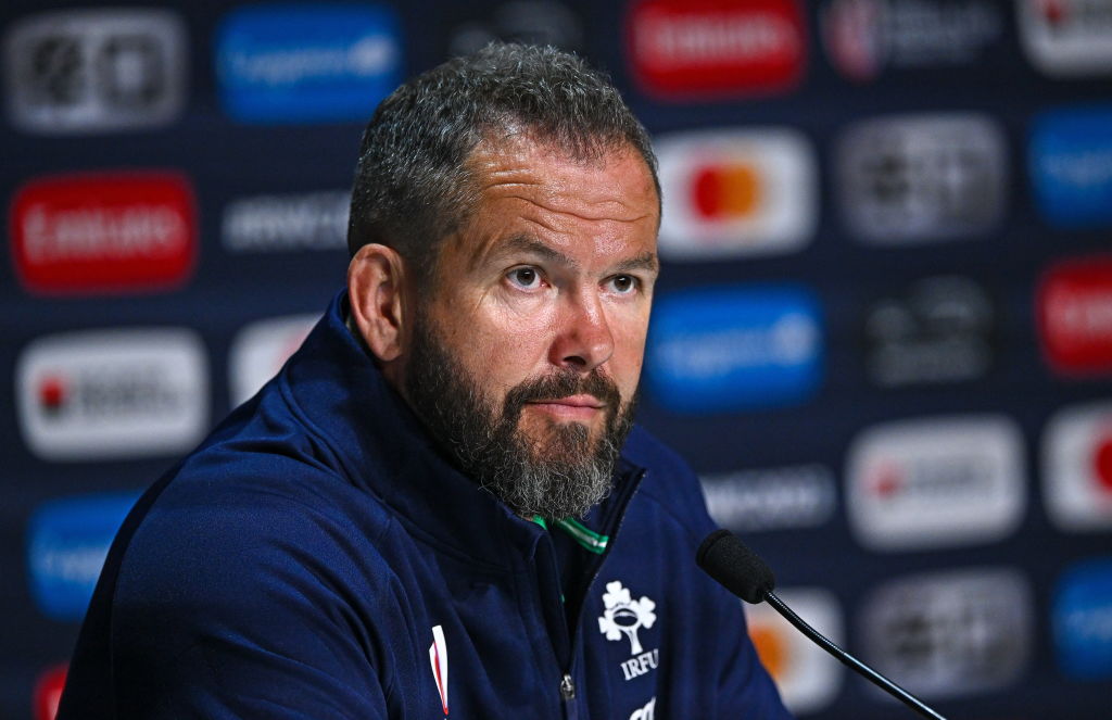 Paris , France - 14 October 2023; Ireland head coach Andy Farrell during a press conference after his side's defeat in the 2023 Rugby World Cup quarter-final match between Ireland and New Zealand at the Stade de France in Paris, France. (Photo By Ramsey Cardy/Sportsfile via Getty Images)