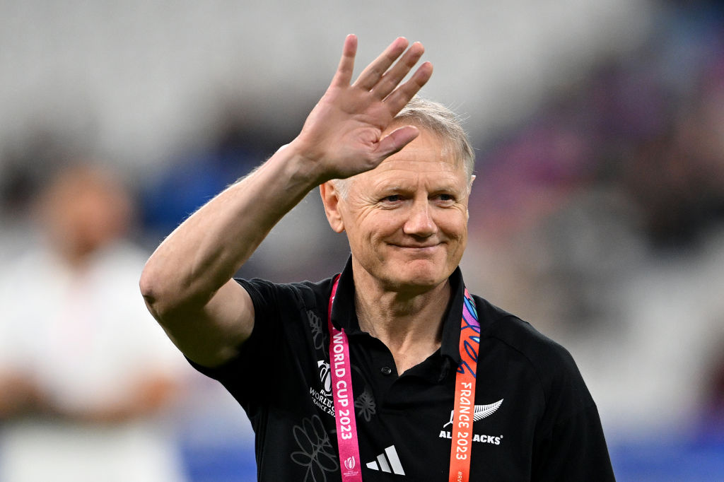 PARIS, FRANCE - OCTOBER 20: Joe Schmidt, Assistant Head Coach of New Zealand acknowledges the fans prior to the Rugby World Cup France 2023 semi-final match between Argentina and New Zealand at Stade de France on October 20, 2023 in Paris, France. (Photo by Hannah Peters/Getty Images)