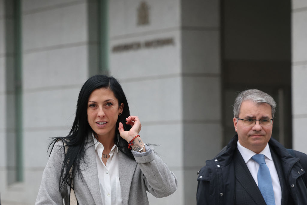 Spain's player Jennifer Hermoso (L) leaves after an audience at the Audiencia Nacional court in Madrid on January 2, 2024. Spanish World Cup winning star Jenni Hermoso was testifying before a judge today about disgraced former Spanish football chief Luis Rubiales kissing her at the Women's World Cup trophy ceremony. (Photo by Pierre-Philippe MARCOU / AFP) (Photo by PIERRE-PHILIPPE MARCOU/AFP via Getty Images)
