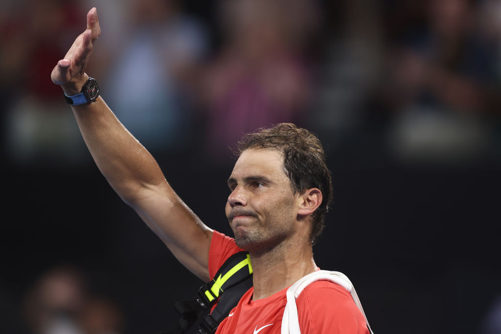 BRISBANE, AUSTRALIA - JANUARY 05: Rafael Nadal of Spain leaves the court after losing his match against Jordan Thompson of Australia  during day six of the  2024 Brisbane International at Queensland Tennis Centre on January 05, 2024 in Brisbane, Australia. (Photo by Chris Hyde/Getty Images)