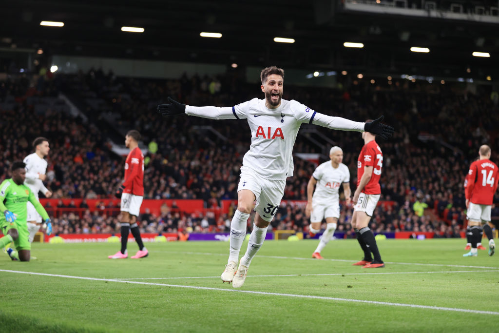 MANCHESTER, ENGLAND - JANUARY 14: Rodrigo Bentancur of Tottenham Hotspur celebrates after scoring an equalising goal to make the score 2-2 during the Premier League match between Manchester United and Tottenham Hotspur at Old Trafford on January 14, 2024 in Manchester, England. (Photo by Simon Stacpoole/Offside/Offside via Getty Images)