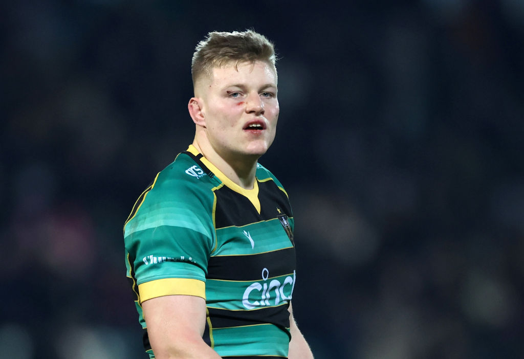 NORTHAMPTON, ENGLAND - JANUARY 12: Tom Pearson of Northampton Saints during the Investec Champions Cup match between Northampton Saints and Aviron Bayonnais at cinch Stadium at Franklin's Gardens on January 12, 2024 in Northampton, England. (Photo by Catherine Ivill/Getty Images)