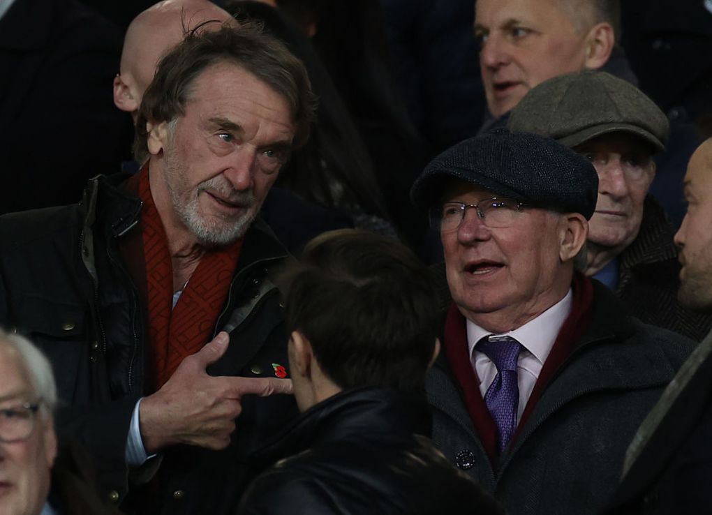 MANCHESTER, ENGLAND - JANUARY 14: Sir Jim Ratcliffe of INEOS talks to Sir Alex Ferguson in the directors box ahead of the Premier League match between Manchester United and Tottenham Hotspur at Old Trafford on January 14, 2024 in Manchester, England. (Photo by Matthew Peters/Manchester United via Getty Images)