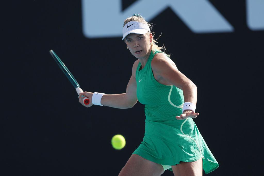 MELBOURNE, AUSTRALIA - JANUARY 18: Katie Boulter of Great Britain plays a forehand in their round two singles match against Qinwen Zheng of China during the 2024 Australian Open at Melbourne Park on January 18, 2024 in Melbourne, Australia. (Photo by Julian Finney/Getty Images)