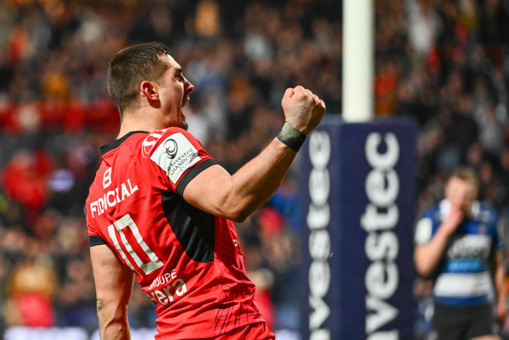 Thomas RAMOS of Stade Toulousain celebrates a try during the Investec Champions Cup match between Stade Toulousain and Bath Rugby at Stade Ernest-Wallon on January 21, 2024 in Toulouse, France. (Photo by Anthony Dibon/Icon Sport via Getty Images)