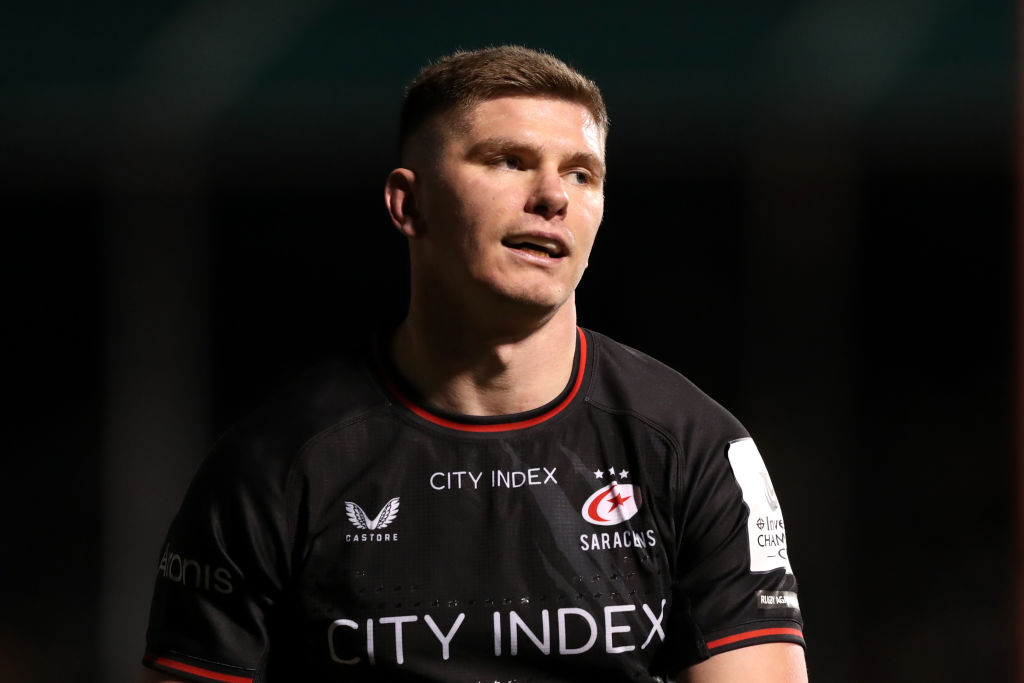 BARNET, ENGLAND - JANUARY 20: Owen Farrell of Saracens looks on during the Investec Champions Cup match between Saracens and Lyon at StoneX Stadium on January 20, 2024 in Barnet, England. (Photo by Henry Browne/Getty Images)